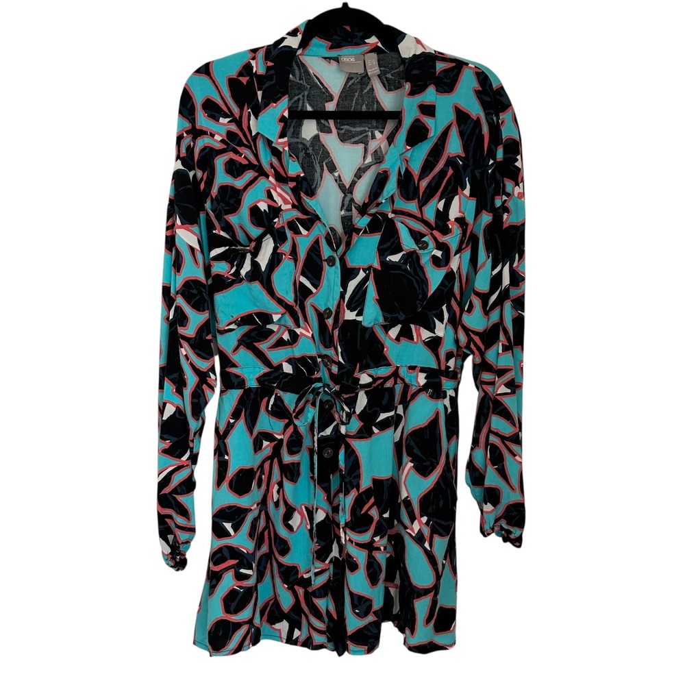 ASOS Romper Women's US 8 Aqua  Navy Floral Print‎ Mini Tie Waist Long Sleeve